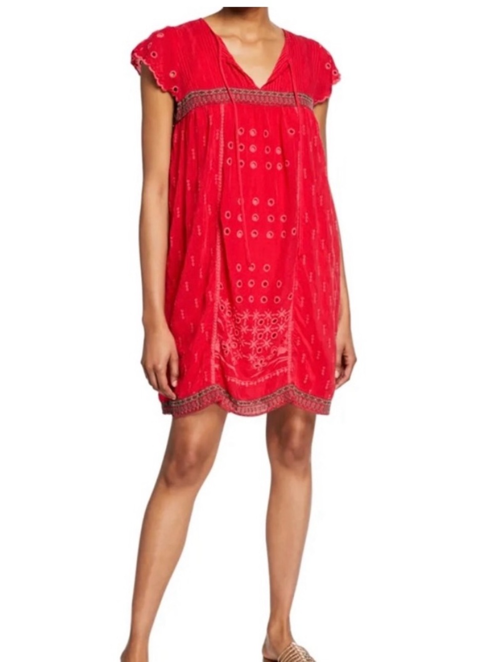 Johnny Was Daisy Cap Sleeve Eyelet Shift Red Dress with Slip Size Medium